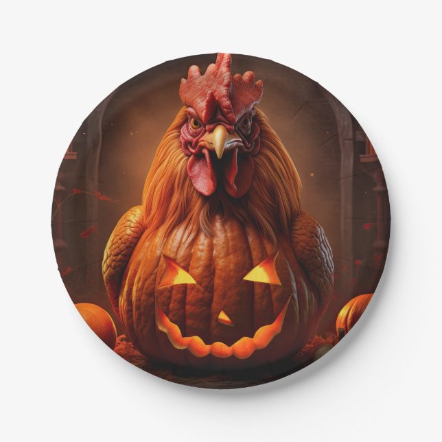Happy Halloween Hühnerrooster Pumpkin Farm Paper Pappteller (Vorderseite)