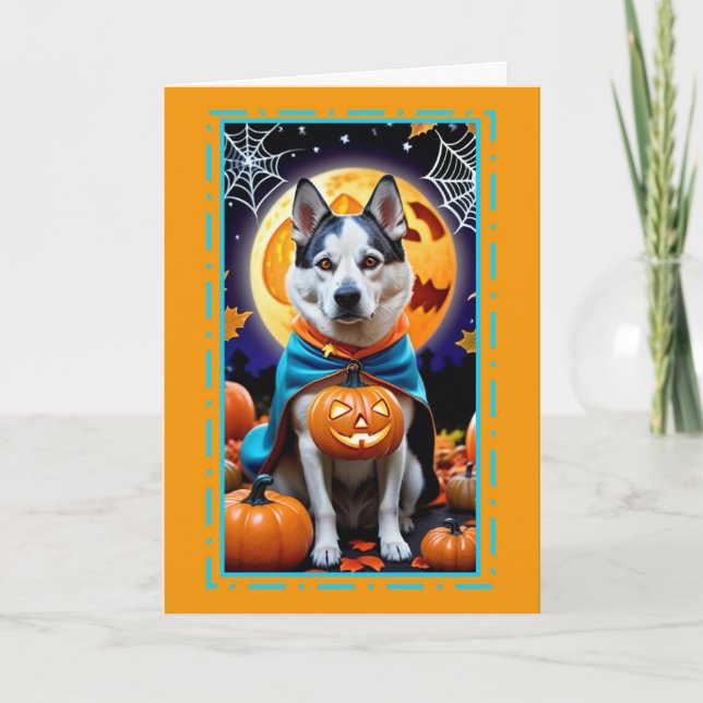 Happy Halloween Hund in Kostüm Feiertagskarte (Vorderseite)