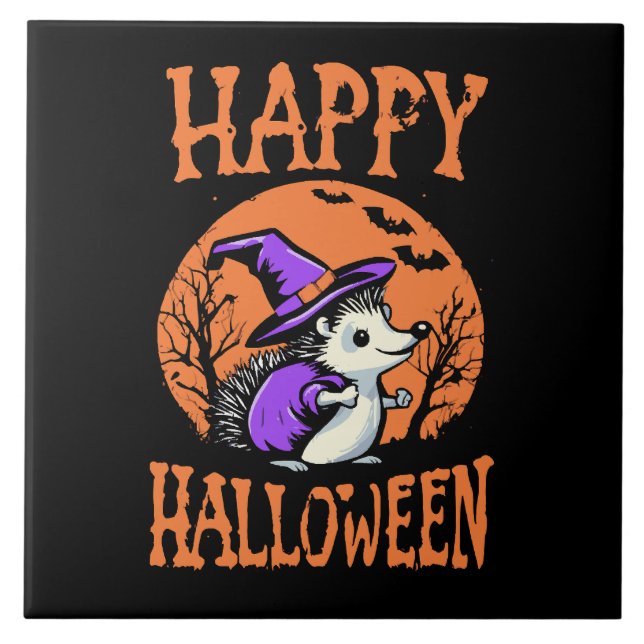 Happy Halloween Igel Hexe Fliese (Vorderseite)