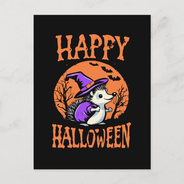 Happy Halloween Igel Hexe Postkarte (Vorderseite)