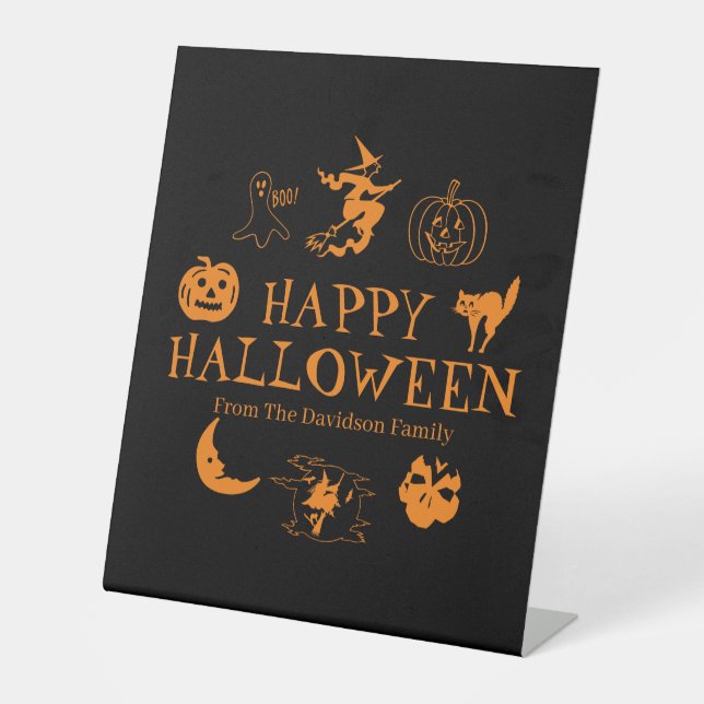 Happy Halloween individuelle Name Schwarz-Orange D Sockelschild (Vorderseite)