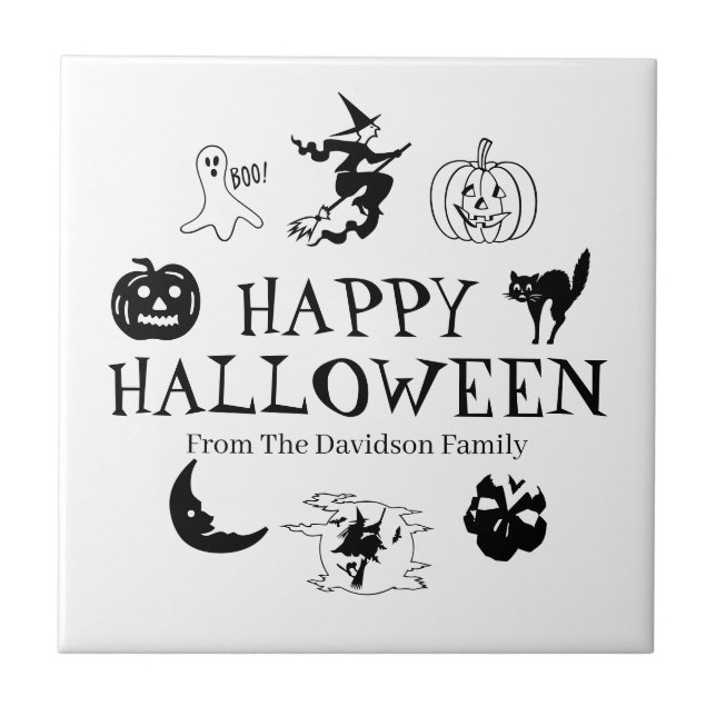 Happy Halloween individuelle Name Schwarz-weiße Sp Fliese (Vorderseite)