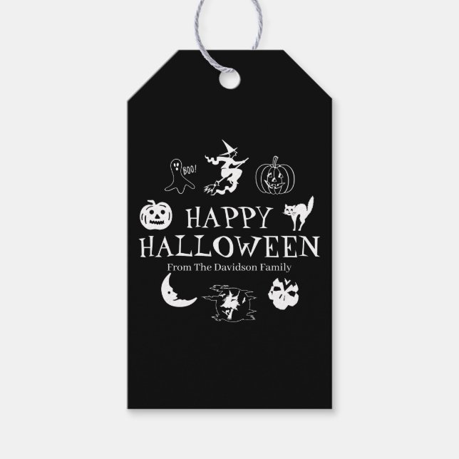 Happy Halloween individuelle Name Schwarz-weiße Sp Geschenkanhänger (Vorderseite)