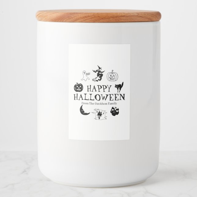 Happy Halloween individuelle Name Schwarz-weiße Sp Lebensmitteletikett (Vorderseite)