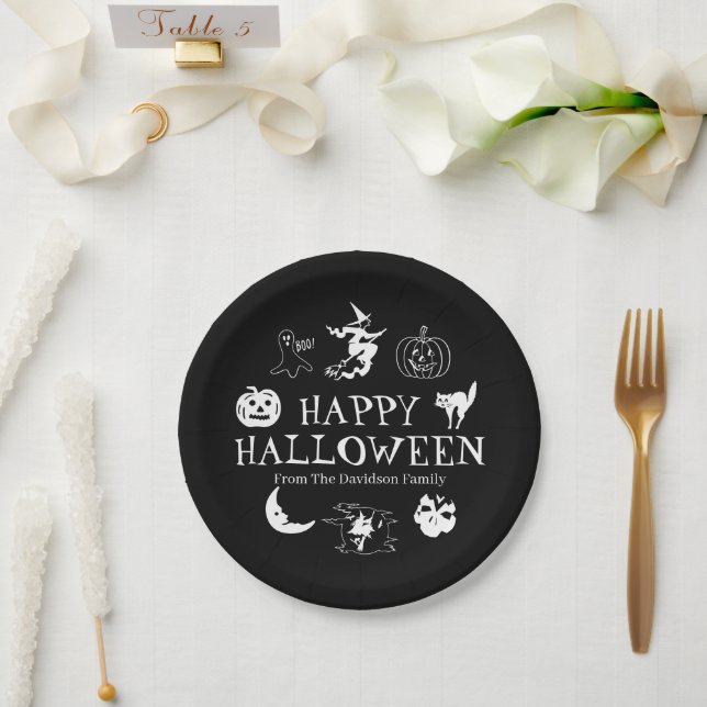 Happy Halloween individuelle Name Schwarz-weiße Sp Pappteller (Hochzeit)