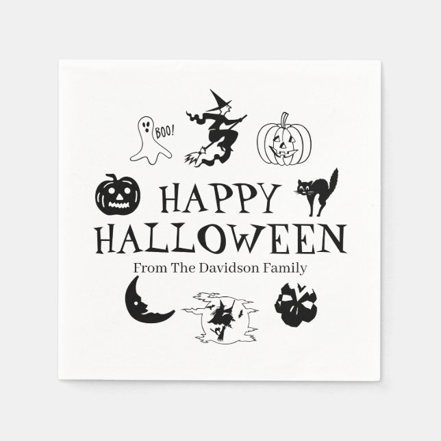 Happy Halloween individuelle Name Schwarz-weiße Sp Serviette (Vorderseite)