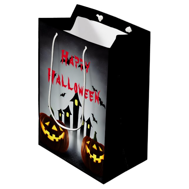 Happy Halloween Jack o' Lantern Party Mittlere Geschenktüte (Vorderseite Schrägansicht)