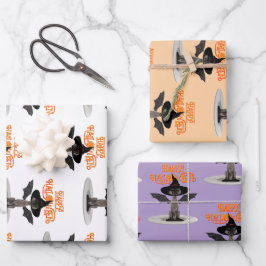 Happy Halloween. Katze mit Flügeln und Hexenhut Geschenkpapier Set