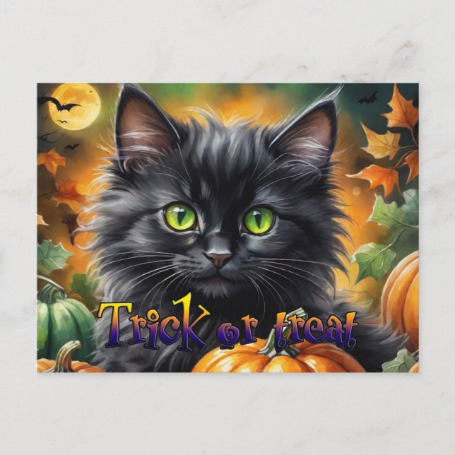 Happy Halloween Katze mit Kürbis Feiertagspostkarte (Vorderseite)