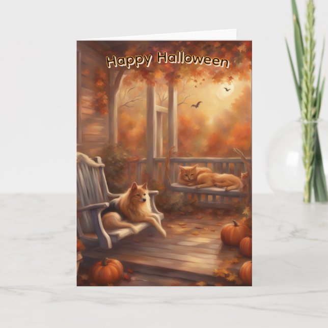 Happy Halloween Katze und Hund auf der Vorderterra Karte (Vorderseite)