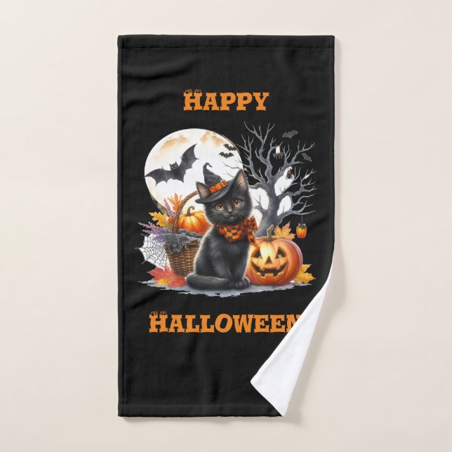 Happy Halloween Katze und Kürbislaterne Handtuch (Handtuch)