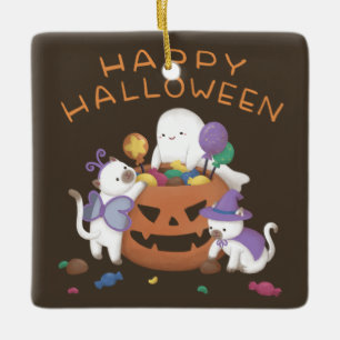 Happy Halloween: Katzen & Geist Keramikornament