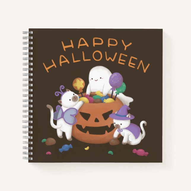 Happy Halloween: Katzen & Geist Notizbuch (Vorderseite)