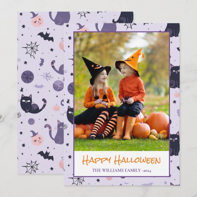 Happy Halloween Katzen lila Foto Weihnachtskarte Karte (Vorne/Hinten)