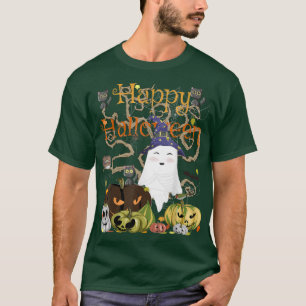 Happy Halloween Kawaii Witch Ghost Black Cats & Ev T-Shirt