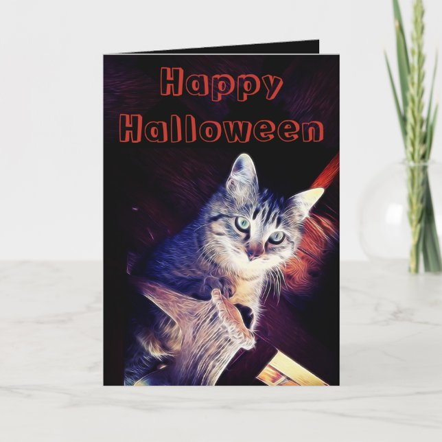 Happy Halloween Kitty in Rafters Fotografie Karte (Vorderseite)