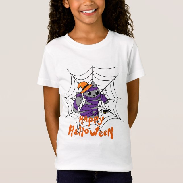 Happy Halloween Kitty in Spider Web Kids T - Shirt (Vorderseite)