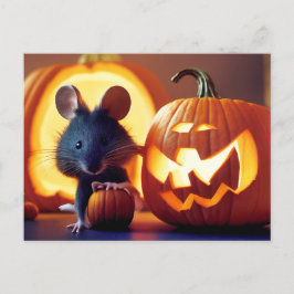 Happy Halloween. Kleine niedliche Maus mit Kürbis Postkarte