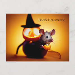 Happy Halloween. Kleine niedliche Maus mit Kürbis Postkarte