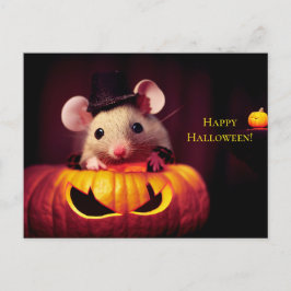 Happy Halloween. Kleine niedliche Maus mit Kürbis Postkarte