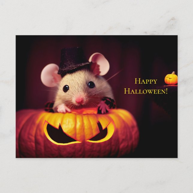  Happy Halloween. Kleine niedliche Maus mit Kürbis Postkarte (Vorderseite)