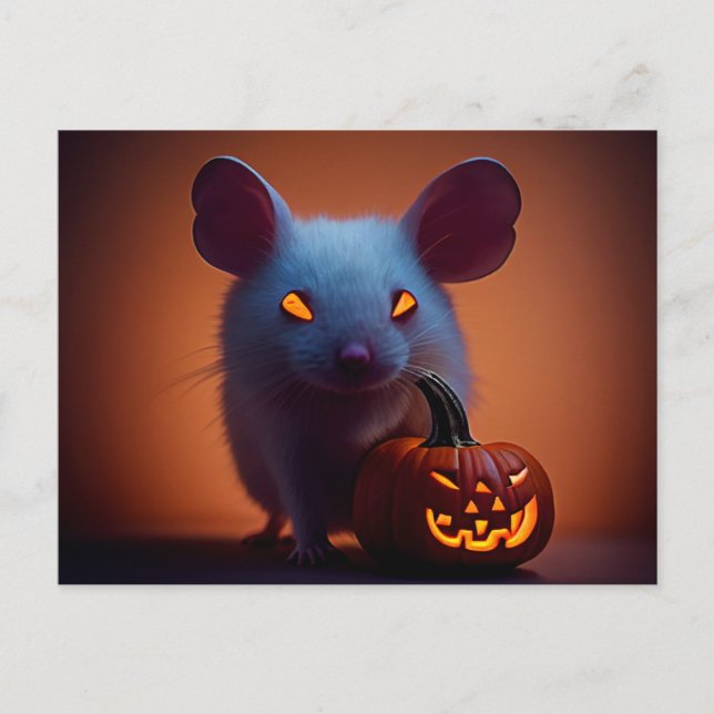  Happy Halloween. Kleine niedliche Maus mit Kürbis Postkarte (Vorderseite)