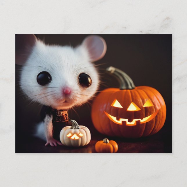Happy Halloween. Kleine niedliche Maus mit Kürbis. Postkarte (Vorderseite)