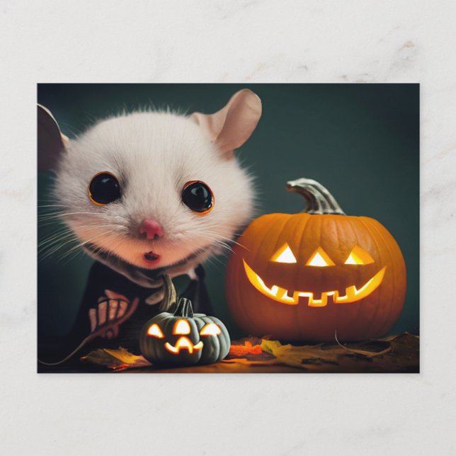  Happy Halloween. Kleine niedliche Maus mit Kürbis Postkarte (Vorderseite)