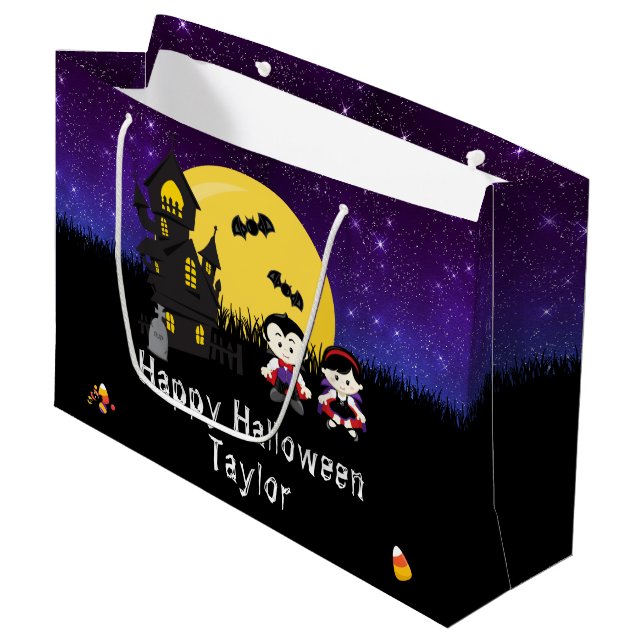 Happy Halloween Kostüm Party Vampires Lila Große Geschenktüte (Vorderseite Schrägansicht)