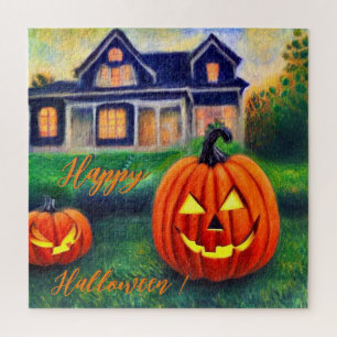 Happy Halloween - Kürbis vor einem Haus