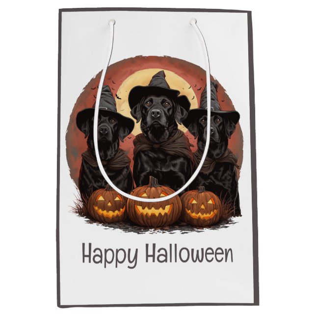 Happy Halloween Labrador Retriever Hunde Hexenhats Mittlere Geschenktüte (Vorderseite)