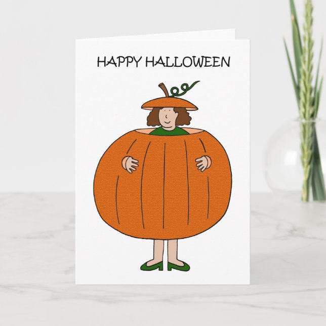Happy Halloween Lady in Kürbiskostüm Karte (Vorderseite)