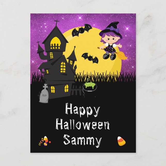 Happy Halloween Lila Feiertagspostkarte (Vorderseite)