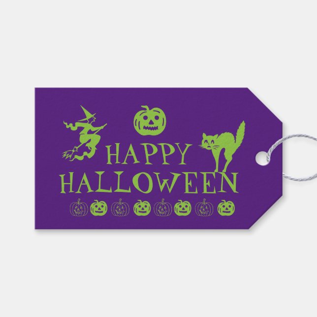 Happy Halloween lila, grüne Leckerbissen Geschenkanhänger (Vorderseite (Horizontal))