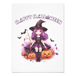 Happy Halloween Lila Hexenkürbis & Fledermäuse Fotodruck