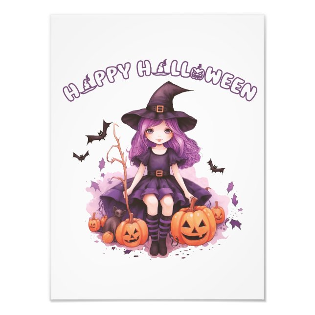 Happy Halloween Lila Hexenkürbis & Fledermäuse Fotodruck (Vorne)