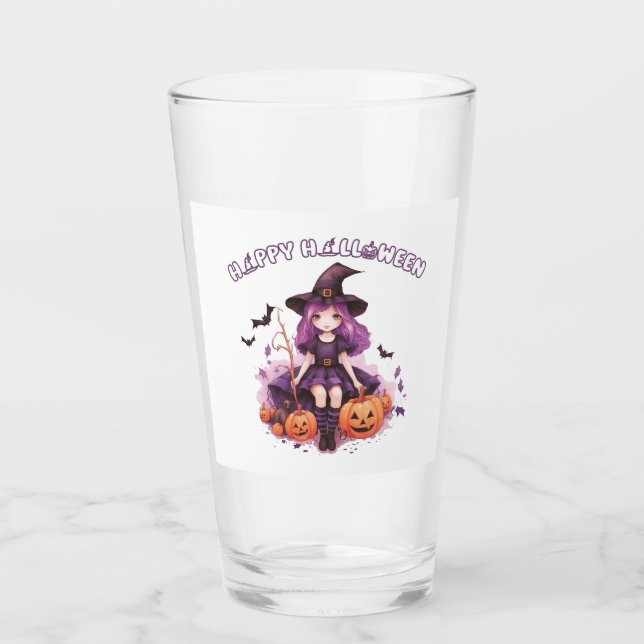 Happy Halloween Lila Hexenkürbis & Fledermäuse Glas (Vorderseite)