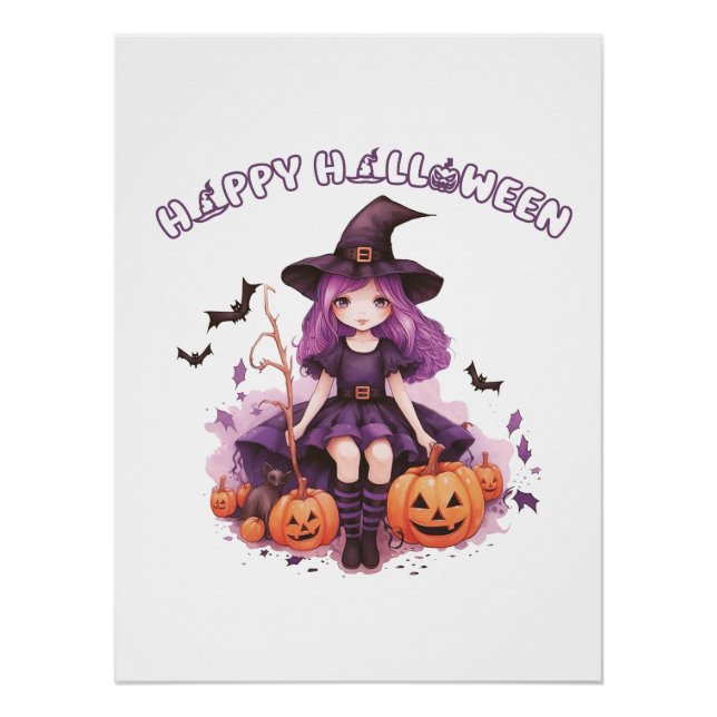 Happy Halloween Lila Hexenkürbis & Fledermäuse Poster (Vorderseite)