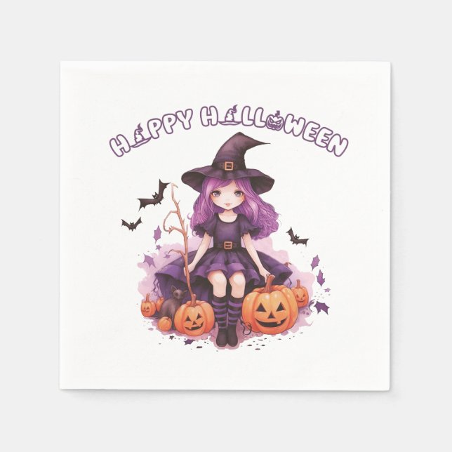 Happy Halloween Lila Hexenkürbis & Fledermäuse Serviette (Vorderseite)