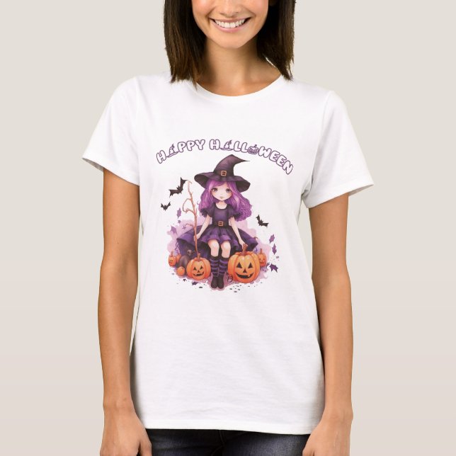 Happy Halloween Lila Hexenkürbis & Fledermäuse T-Shirt (Vorderseite)