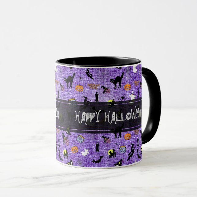 "Happy Halloween" Lila Ikonisches Muster Tasse (VorderseiteRechts)