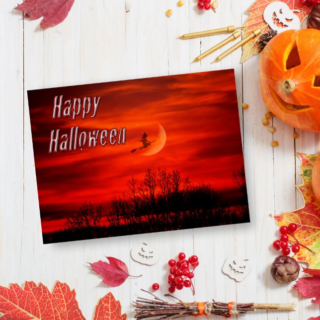 Happy Halloween mit Hexe und Mond Postkarte (Send to your family and friends a spooky note!)