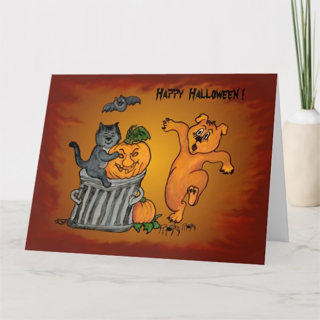 Happy Halloween mit Katzen-Katzen-Hund und Spider Karte (Vorderseite)