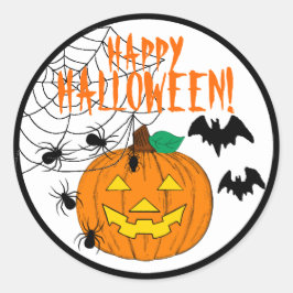 Happy Halloween mit Kürbisspinnen und Fledermäusen Runder Aufkleber
