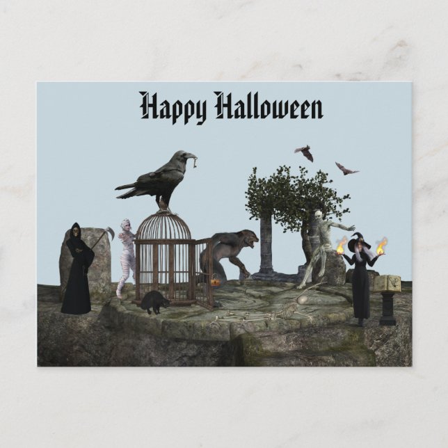 Happy Halloween Monster Szene Werewolf Zombie Postkarte (Vorderseite)