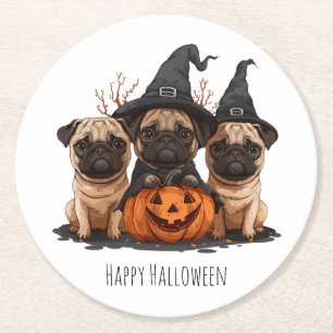 Happy Halloween Mops Kürbislaternen Runder Pappuntersetzer