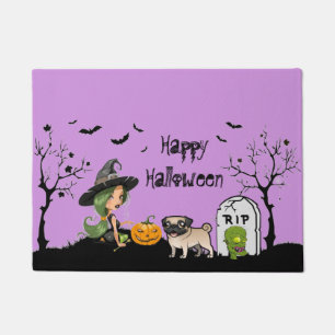 Happy Halloween Mops und Niedliche Hexe Fußmatte