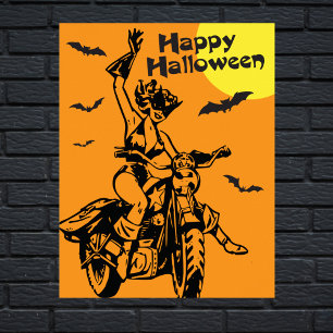 Happy Halloween Motorrad-Frau Katzenkostüm Poster