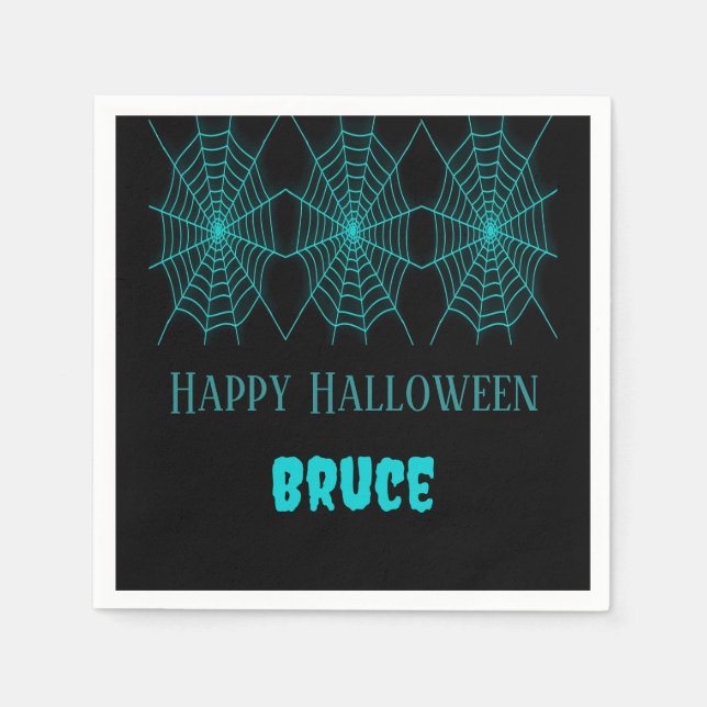 Happy Halloween Neon Blue Spiderweb schwarz Serviette (Vorderseite)