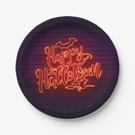 Happy Halloween Neon Look Hexe Bat Brick Party 7" Pappteller